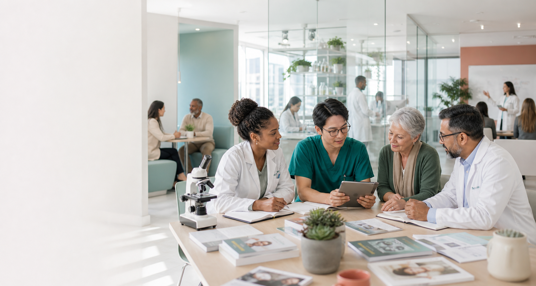 Researchers, educators, and caregivers collaborating in a bright medical research center